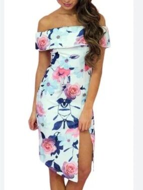 NWT Pretty Chelsea Off-Shoulder Floral Midi Bodycon Dress w/ Leg Slit From Honey